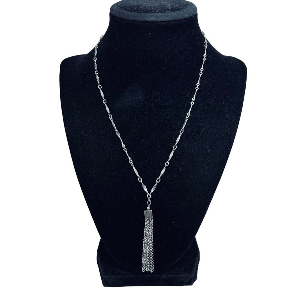 Vintage Silver Tone Curved Bar Chain Tassel Necklace (846)